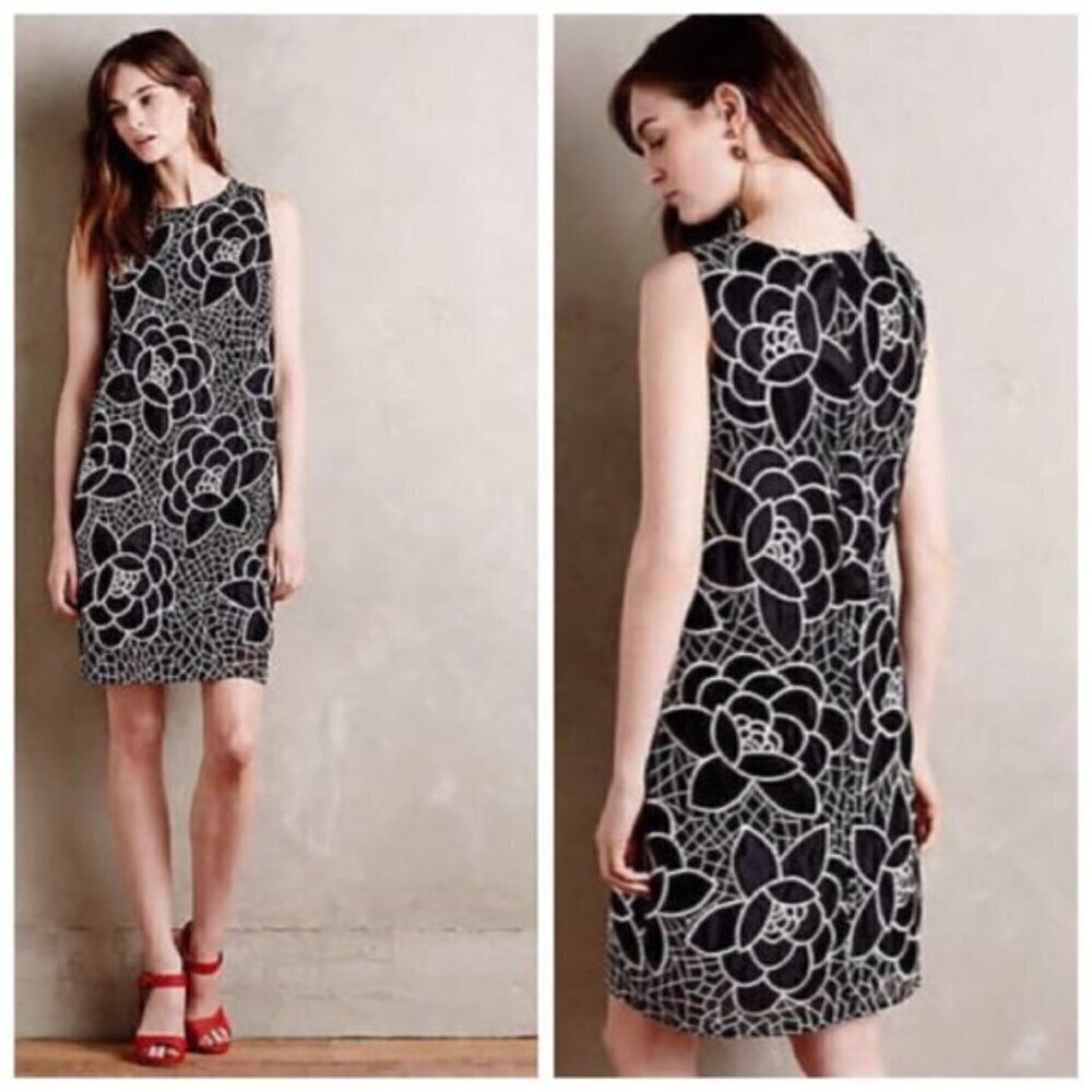 NEW Sachin + Babi Anthropology Black White Petalwork Embroidered Shift Dress 10
